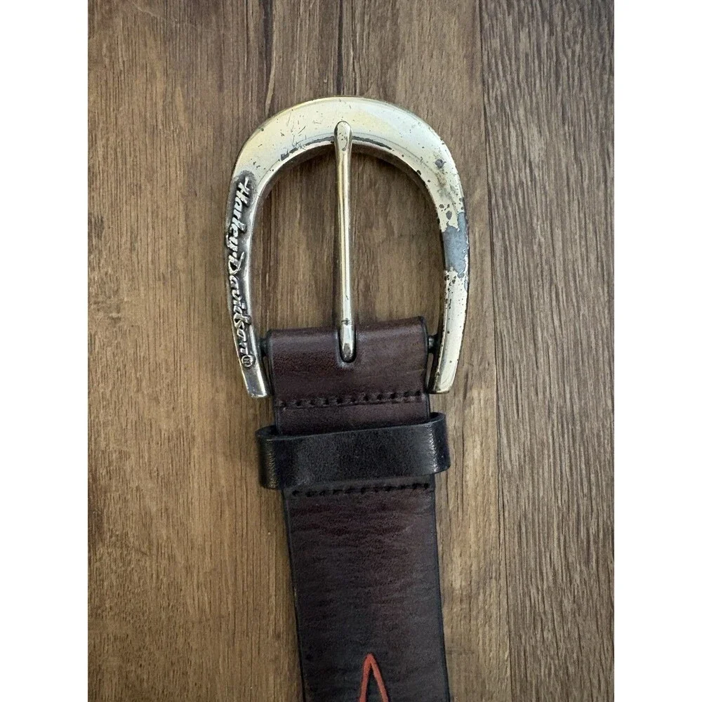 Harley-Davidson Mens Leather Belt 40” Brown Red Pinstripe Horseshoe Buckle VTG